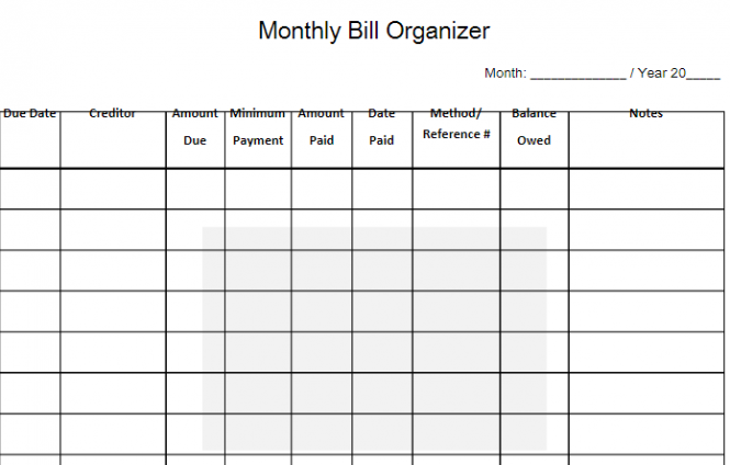 Monthly Bill Organizer Free Word Templates